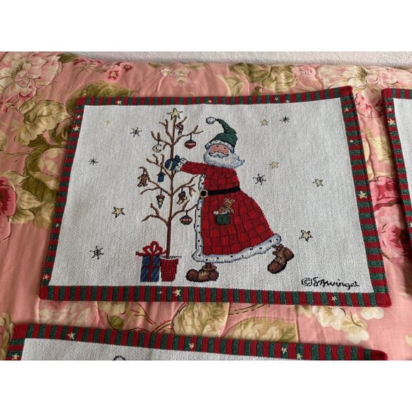 4 Vtg Santa Claus Tapestry Folkart Placemats Reversible Table top Grannycore - Picture 6 of 10